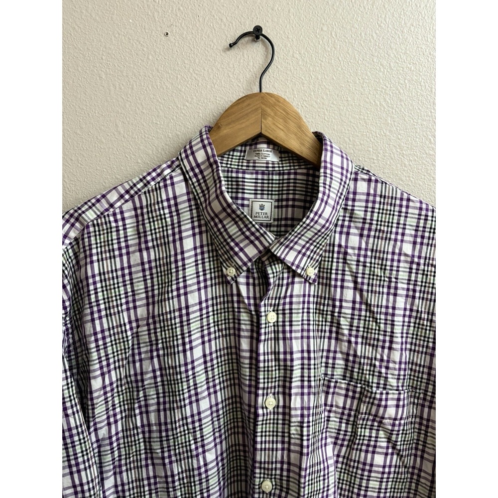 Peter Millar Button Down Shirt XL Purple Green Check 100% Cotton Office Career